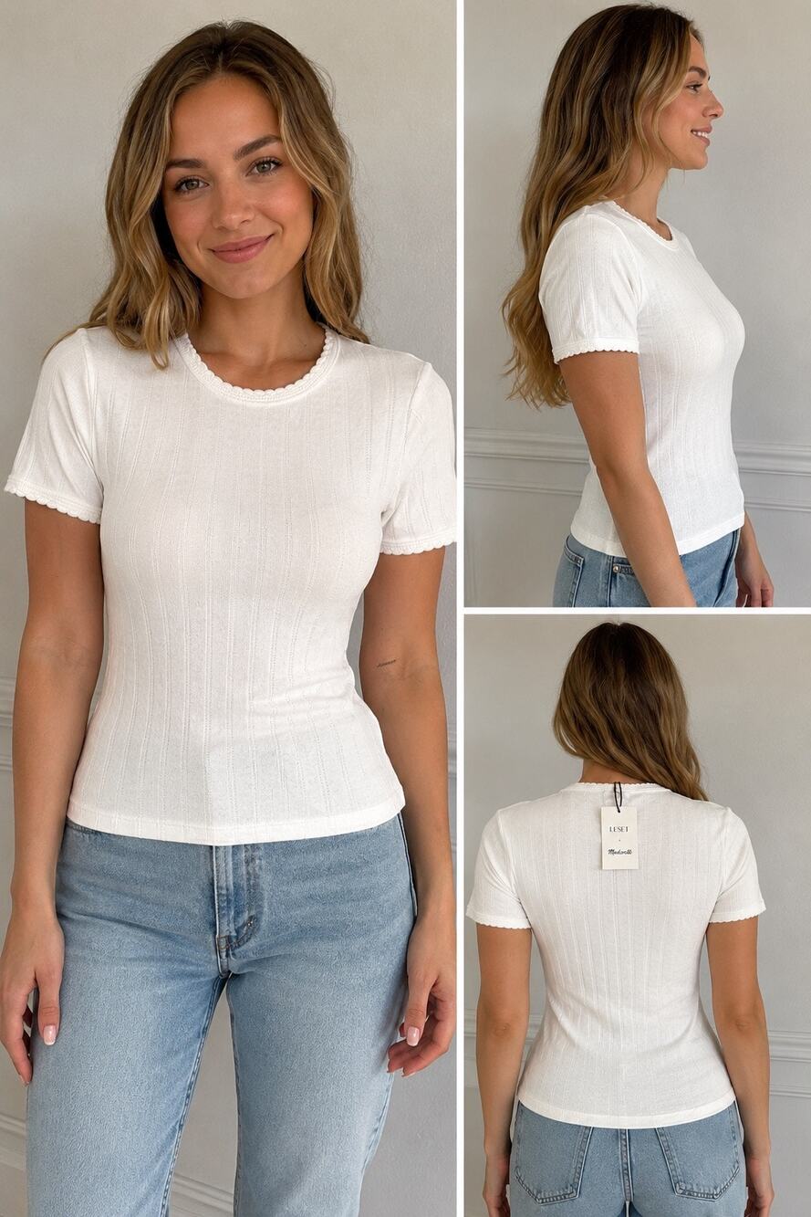 NWT LESET x Madewell White Pointelle Ribbed Cotton Tee Size M Made USA